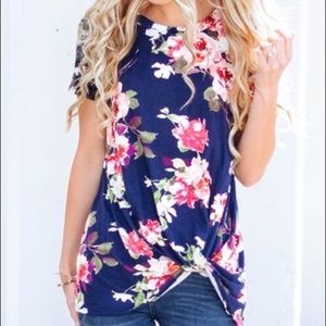 Navy Floral Knot Front Tee Medium